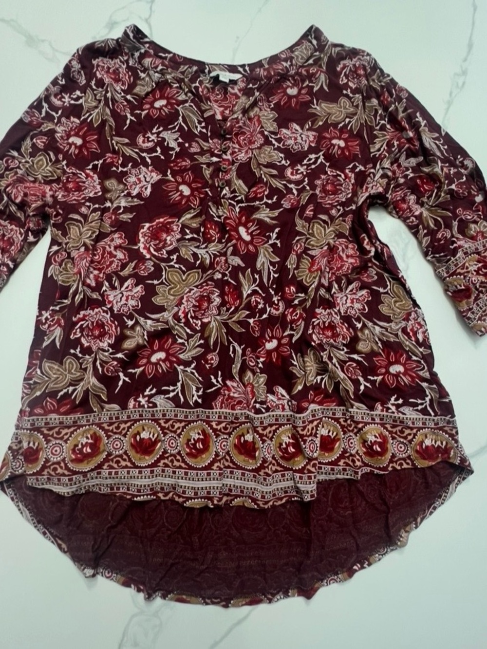 Lucky Brand Floral Border-Print Burgundy Women’s Blouse